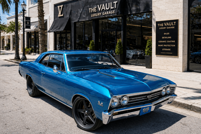 Marina-blue 1967 Chevelle SS restomod parked outside The Vault Luxury Garage in Palm Beach